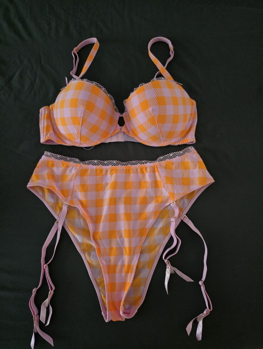 Savage X Fenty Pink & Orange Gingham Lace-Trim Bra and Brief Set Large